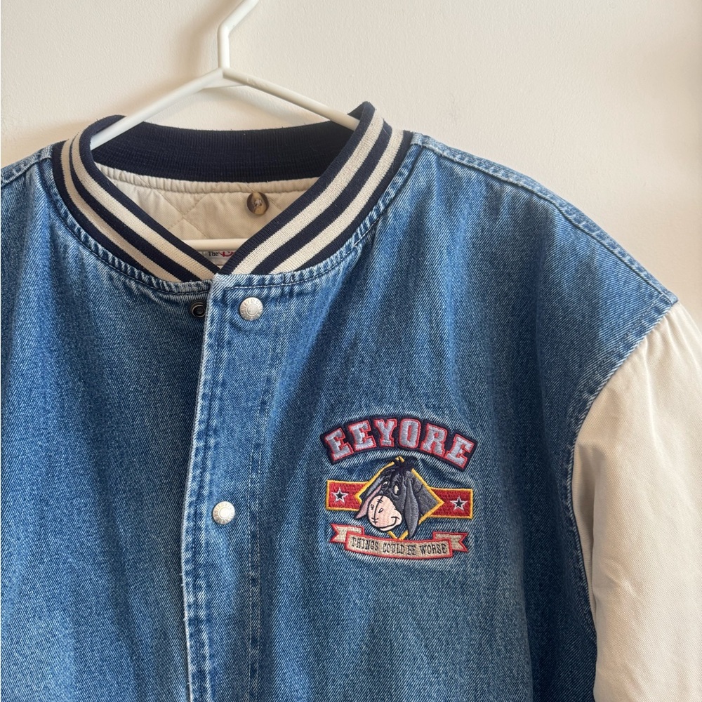Vintage Eeyore Denim Varsity Jacket with Cream Sleeves